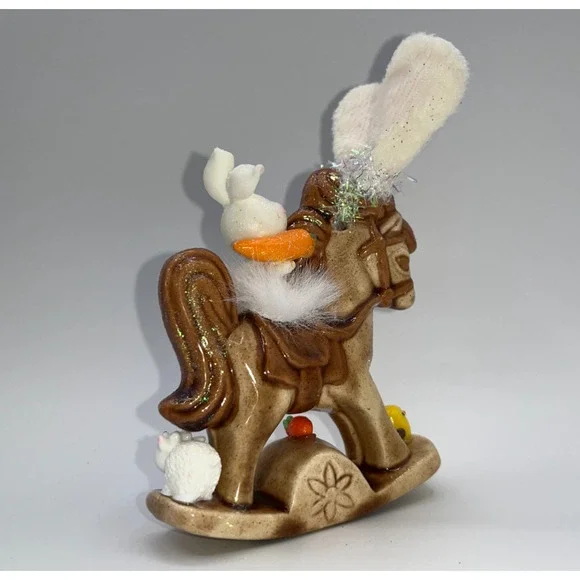 Vintage Ceramic Mini Rocking Horse Easter Bunny Chick Rider Faux Fur saddle OOAK - Picture 9 of 16